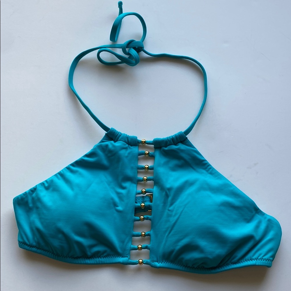Trina Turk Turquoise High Neck Bikini Top with Gold Beads